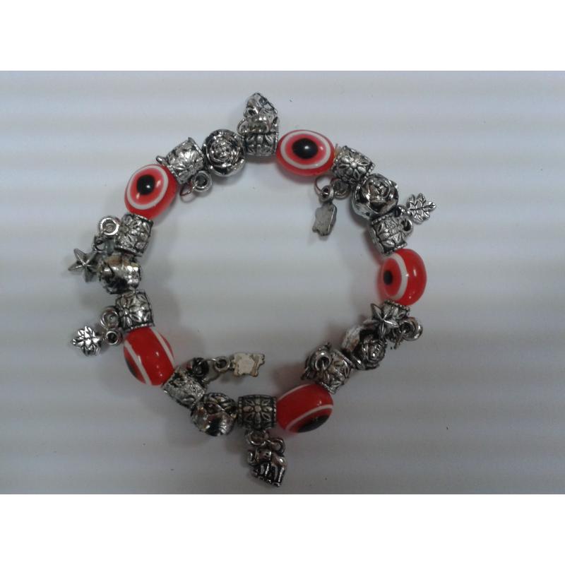 Pulsera Simil Cristal Ojo Turco Roja c/ Simbolos (Contra Mal de Ojo) (Elastica) (HAS)