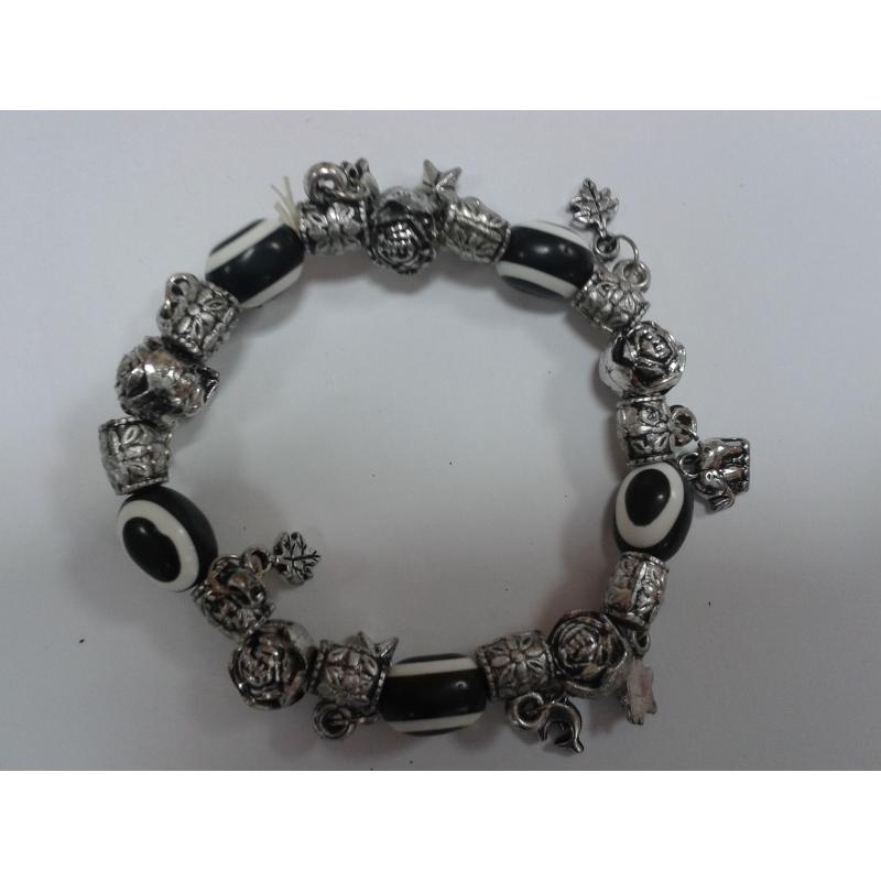 Pulsera Simil Cristal Ojo Turco Negra c/Simbolos (Contra Mal de Ojo ) (Elastica) (HAS)