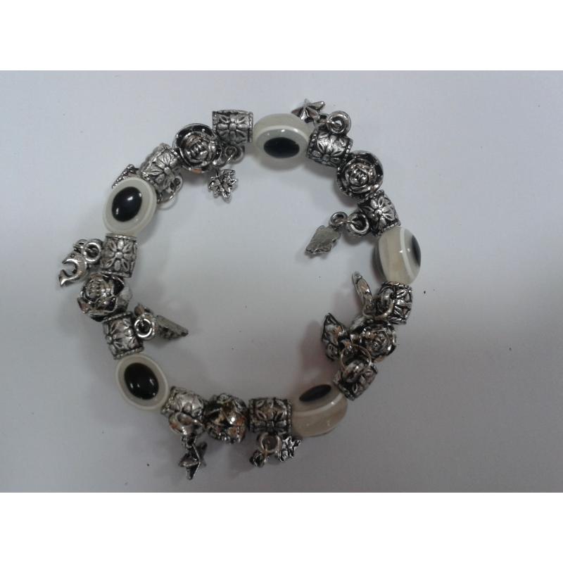 Pulsera Simil Cristal Ojo Turco Blanca c/Simbolos (Contra Mal de Ojo ) (Elastica) (HAS)