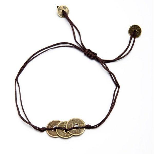 Pulsera Monedas I Ching 3 Doradas Hilo Marron (Ajustable)