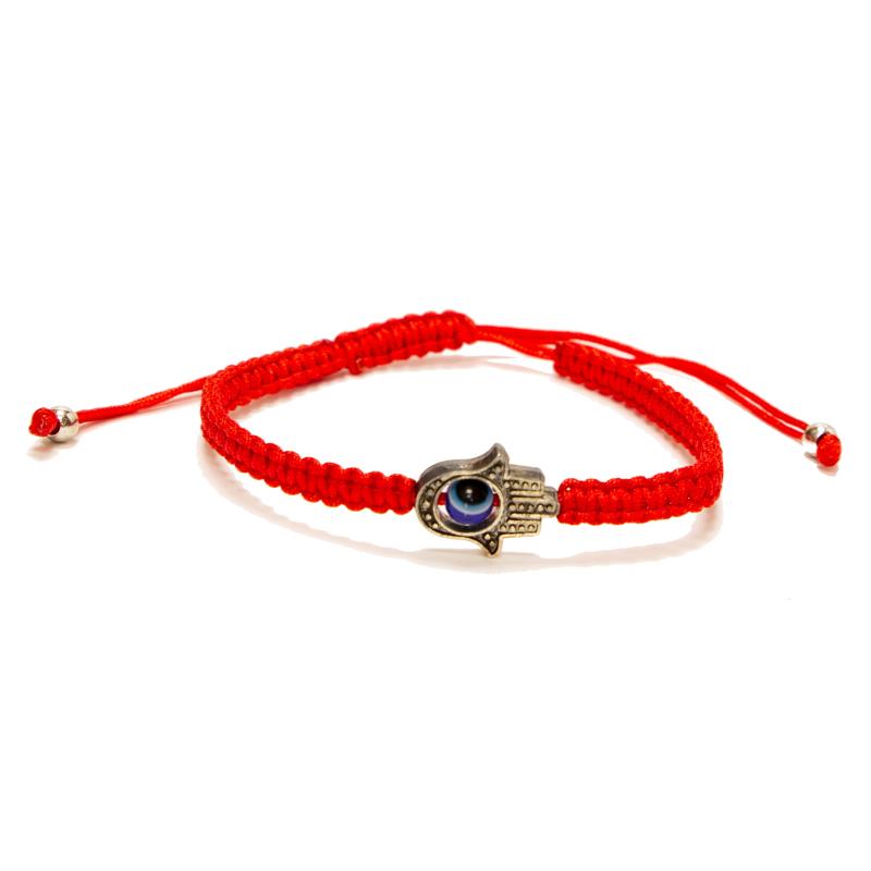 Pulsera Hilo Rojo Nudo Plano Trenzado Mano de Fatima c/ Ojo Turco (Corredizo)