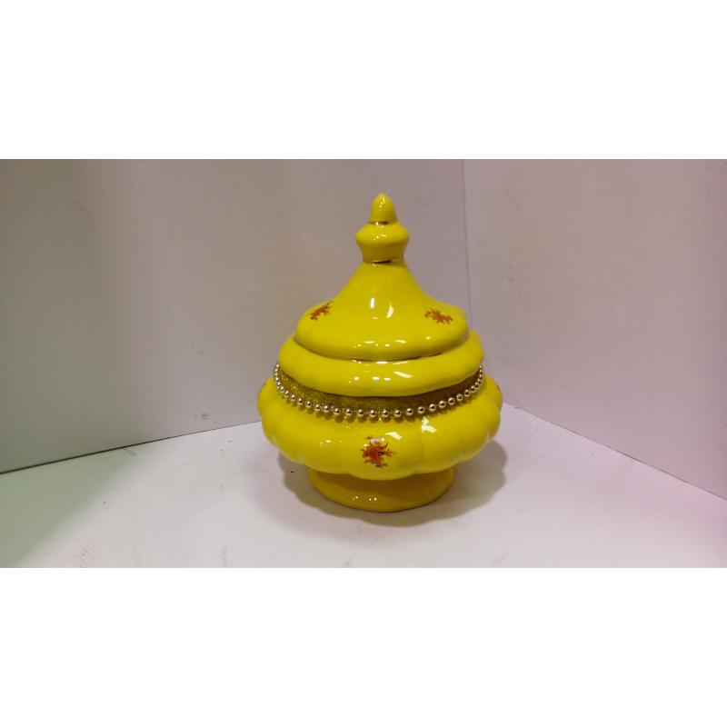 SOPERA Ceramica Tipo Copa c/ Flores y Pintura Oro 27 x 23.5 cm aprox. (Amarilla)