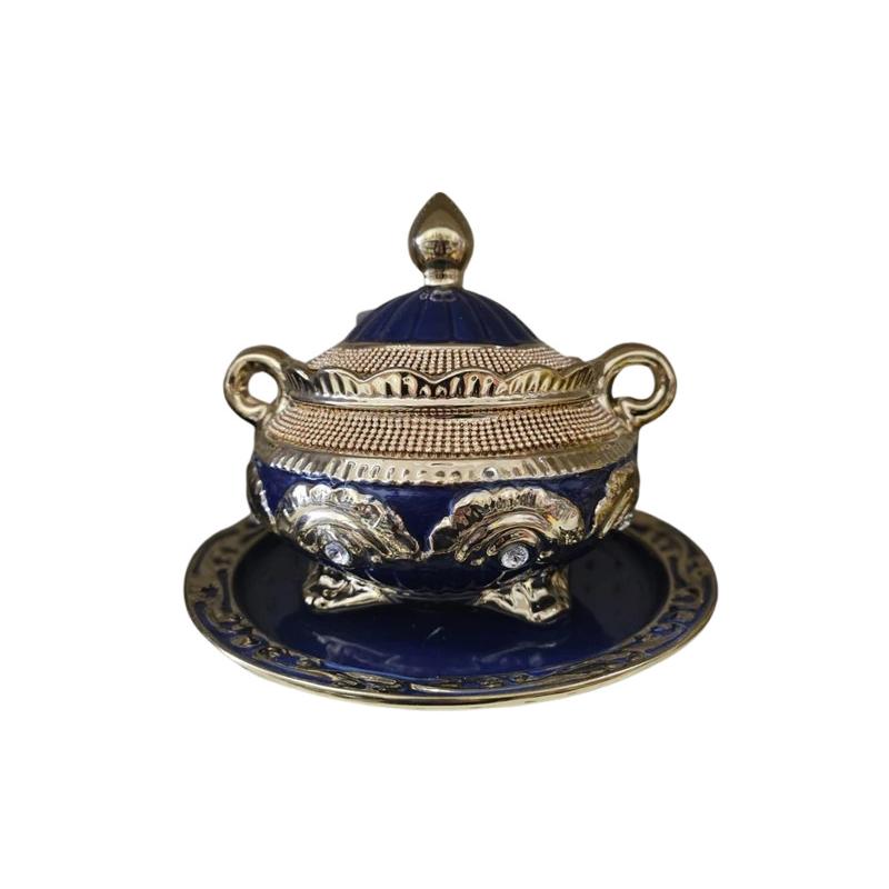 Sopera Porcelana Yemanja 23 x 28 cm + Plato  (Azul detalles dorados y cristales