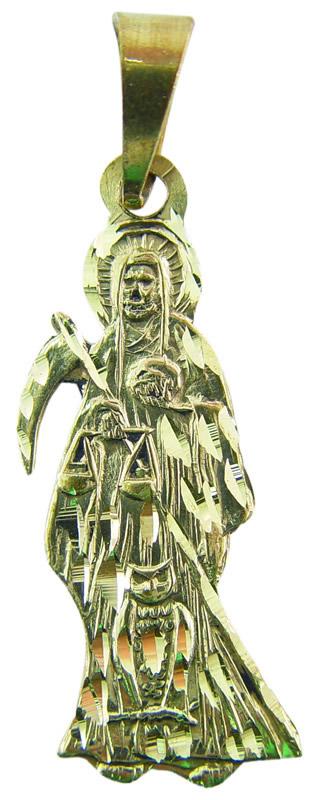 Amuleto Santa Muerte Tumbaga Plana Dorada 04.5 cm Guadaña Derecha