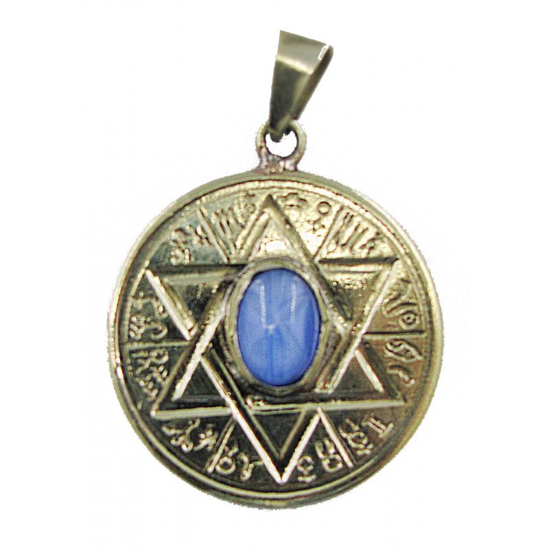 Amuleto Estrella 6 Puntas Atrae y Repele Piedra Azul c/ Tetragramaton 3.5 cm