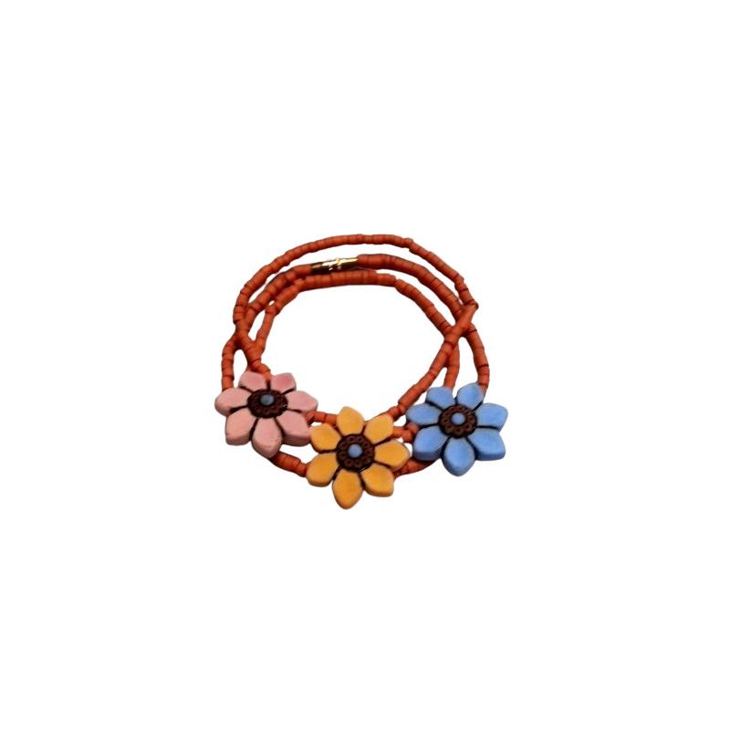 Collar Terracota 3 Flores (Rosa, Amarillo y Azul )