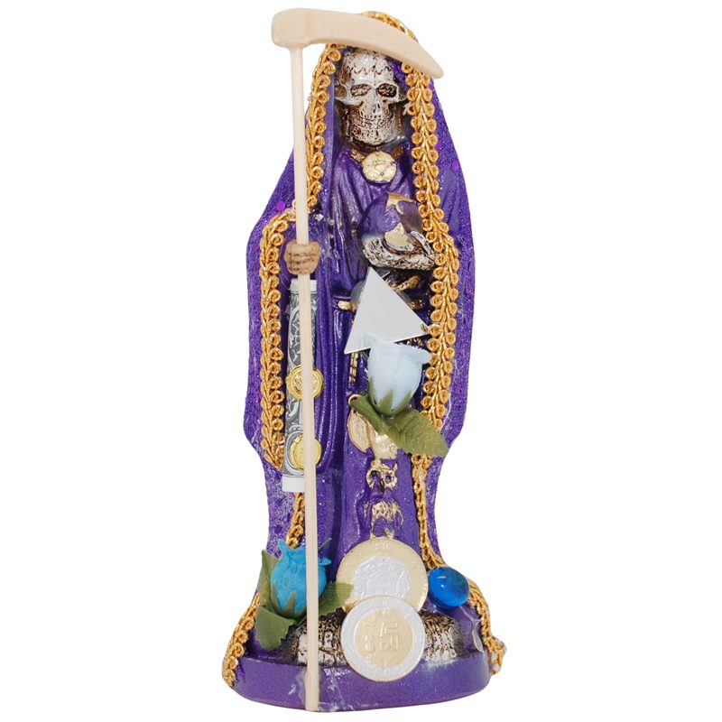 Imagen Santa Muerte Vestida 20 cm. (Morada) (c/ Amuleto Base) Resina, Artesanal