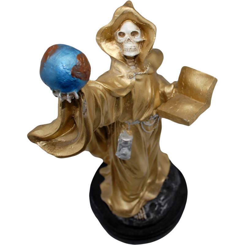 Imagen Santa Muerte  Libro y Mundo 40 cm (Dorada) (c/ Amuleto Base)  - Resina