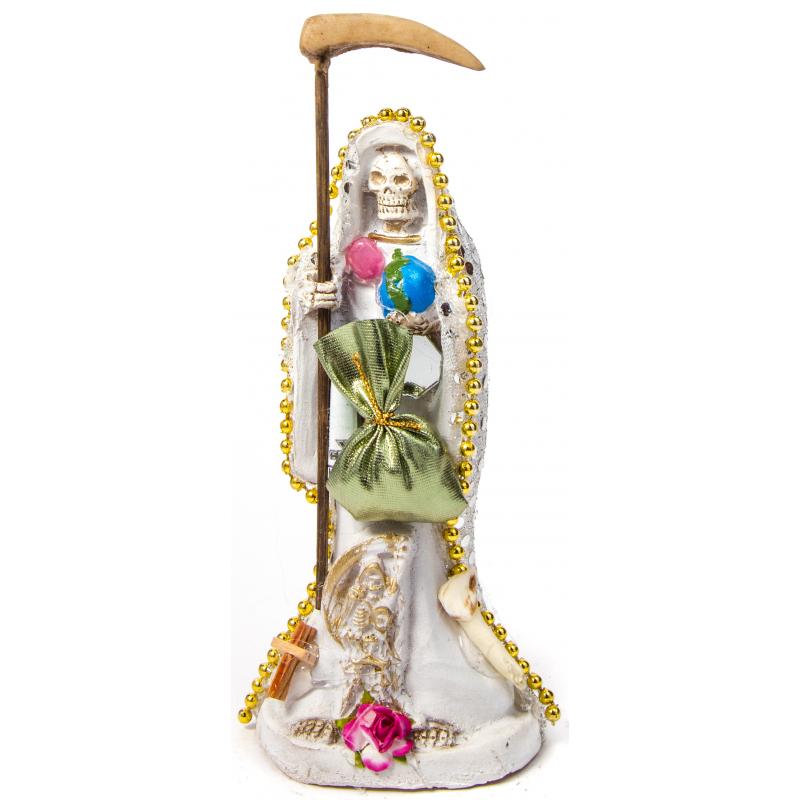 Imagen Santa Muerte Vestida 15 cm (Blanca) (c/ Amuleto Base) Resina, Artesanal