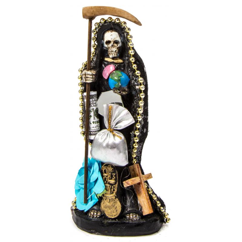 Imagen Santa Muerte Vestida 15 cm (Negra) (c/ Amuleto Base) Resina, Artesanal