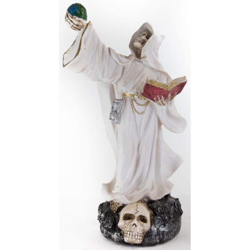 Imagen Santa Muerte Libro y Mundo 40 cm (Blanca) (c/ Amuleto Base)  - Resina