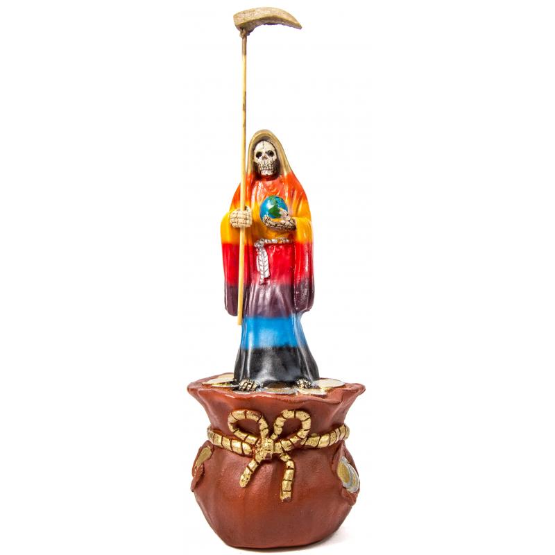 Imagen Santa Muerte sobre Bolsa Dinero 28 cm (7 Colores) (c/ Amuleto Base) Artesanal puede variar el