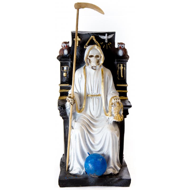 Imagen Santa Muerte sobre Trono Imperial 22 cm (Blanca) (c/ Amuleto Base) - Resina