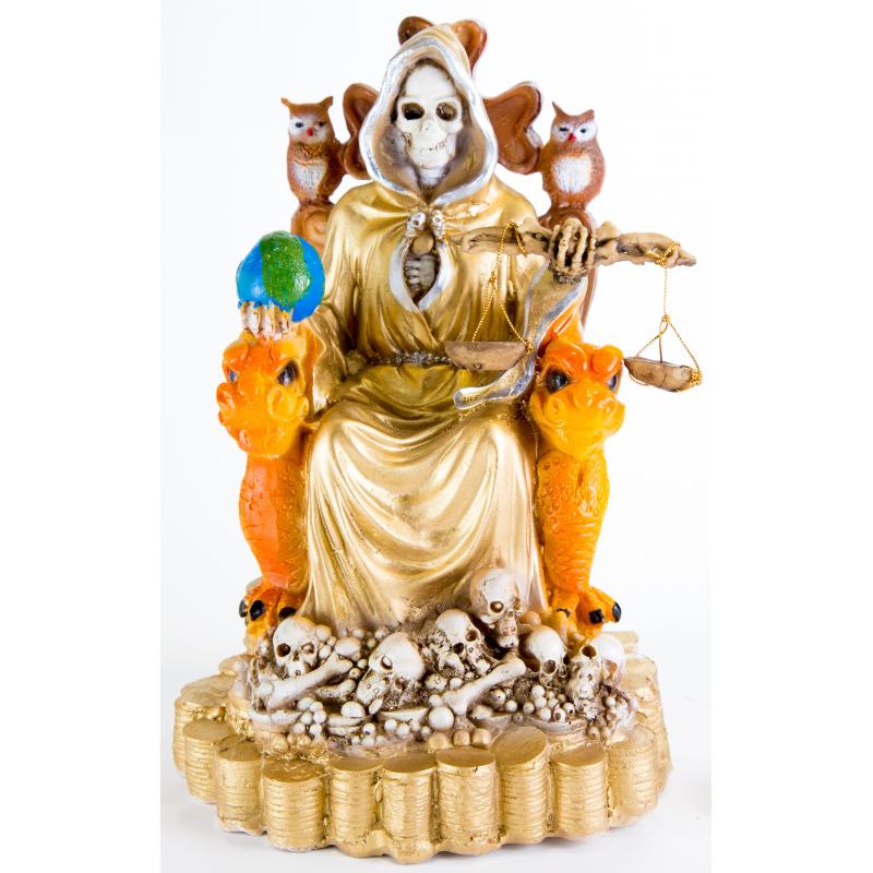 Imagen Santa Muerte sobre Trono Imperial Pata de Gallo con Balanza 29 cm (Dorada) (c/ Amuleto Base)