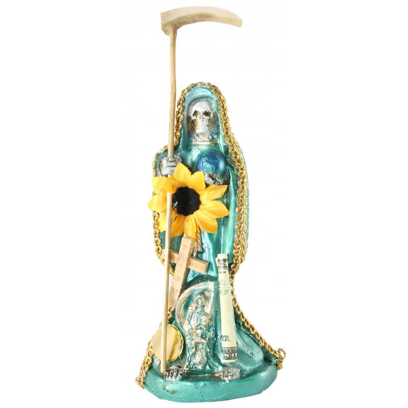 Imagen Santa Muerte Vestida 15 cm (Verde) (c/ Amuleto Base) - Resina, Artesanal