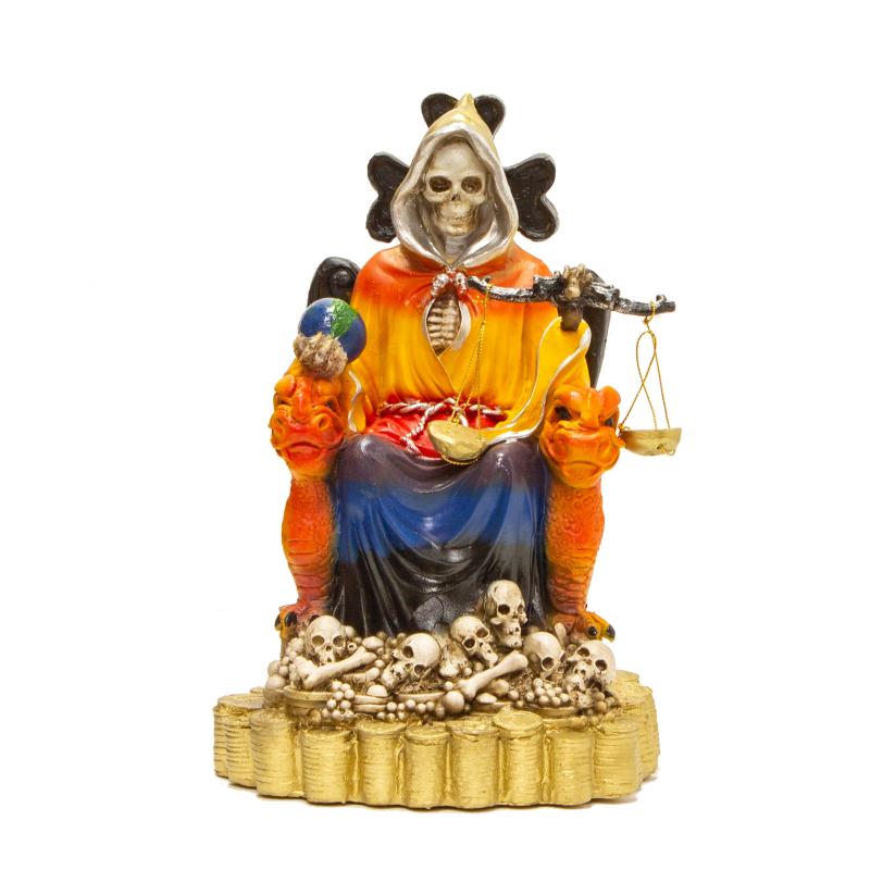 Imagen Santa Muerte sobre Trono Imperial Pata de Gallo con balanza  29 cm (7 colores) (c/ Amuleto Ba