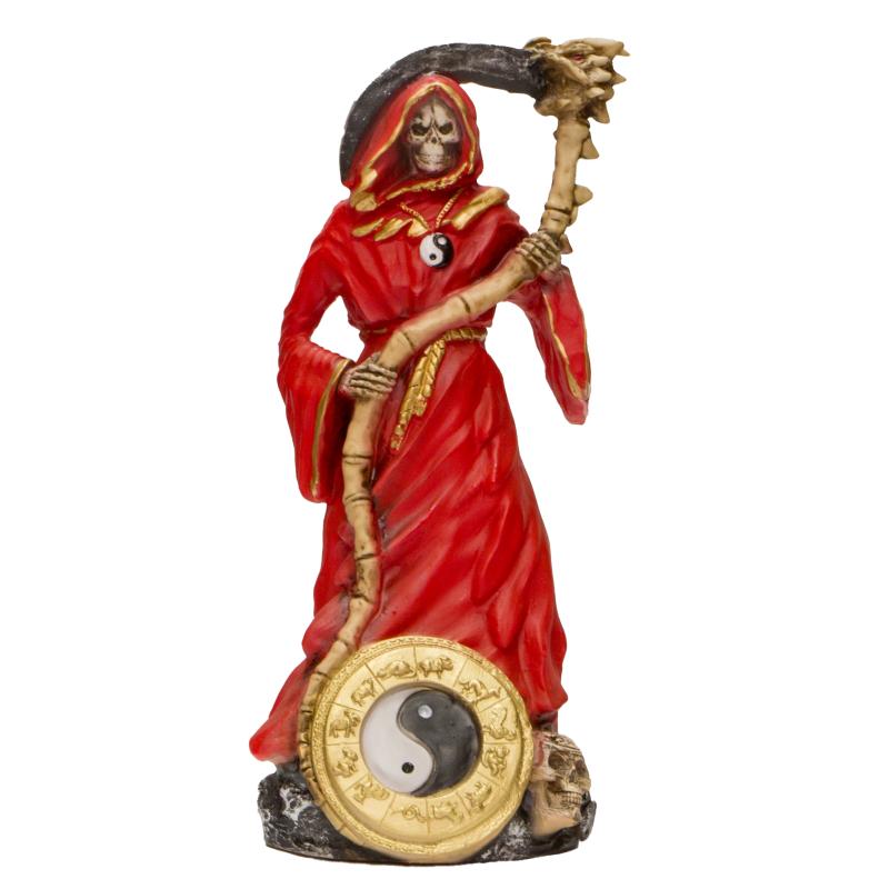 Imagen Santa Muerte 44 cm Horoscopo Yin Yang Roja - c/ Amuleto Base (Resina Artesanal)