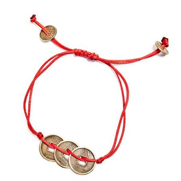 Pulsera Monedas I Ching 3 Doradas Hilo Rojo (Ajustable) (C3)